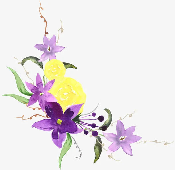 手绘紫色黄色花草花卉插画边角装免抠
