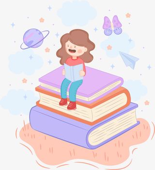 坐在书上看书的小孩免抠