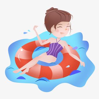 手绘卡通坐在游泳圈上的女孩免抠