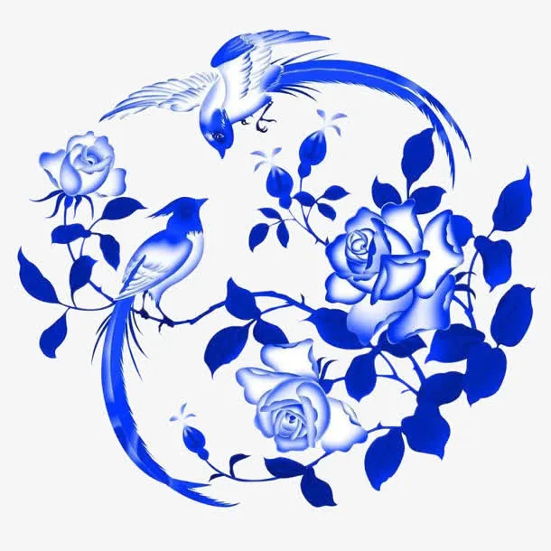 蓝色花朵 牡丹花 蓝色 鸟 png素材免抠