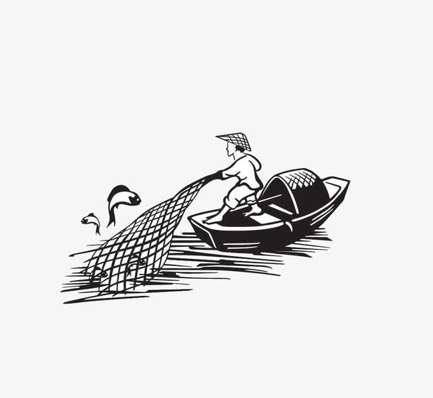 简笔画捕鱼免抠