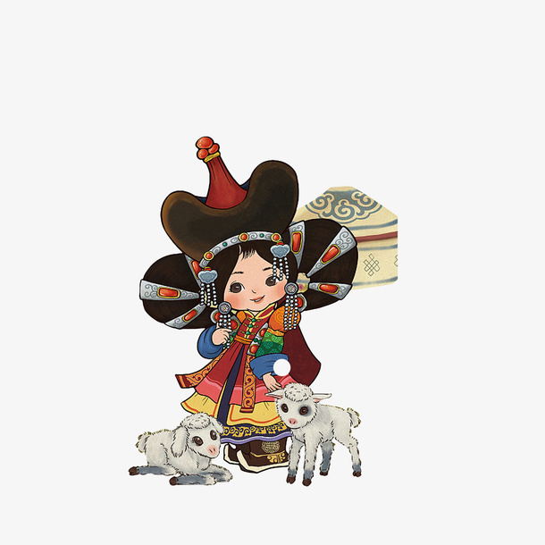 卡通蒙古女孩和小羔羊素材免抠
