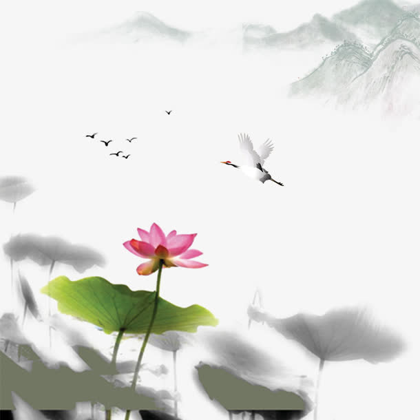 水墨荷花山水装饰免抠