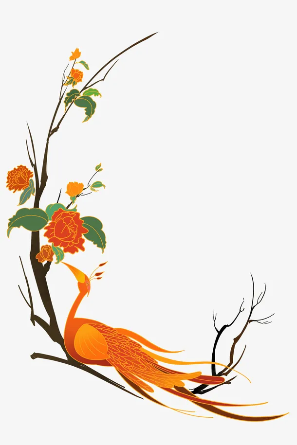 树枝上的凤凰插画免抠