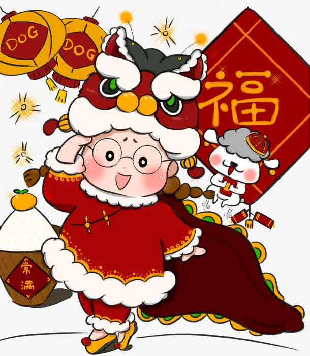 新年舞狮卡通装饰插画免抠