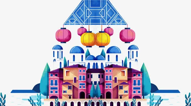 手绘城市城堡灯笼图案免抠