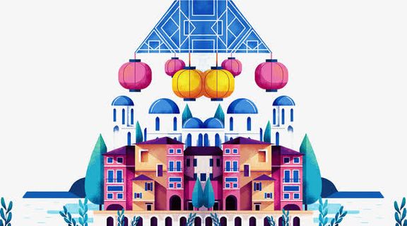 手绘城市城堡灯笼图案免抠