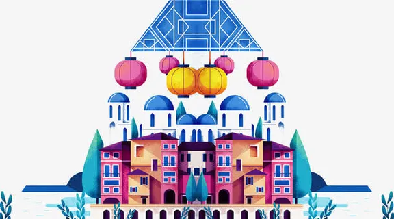 手绘城市城堡灯笼图案免抠