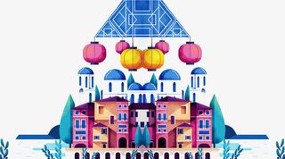 手绘城市城堡灯笼图案免抠