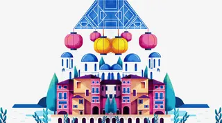 手绘城市城堡灯笼图案免抠