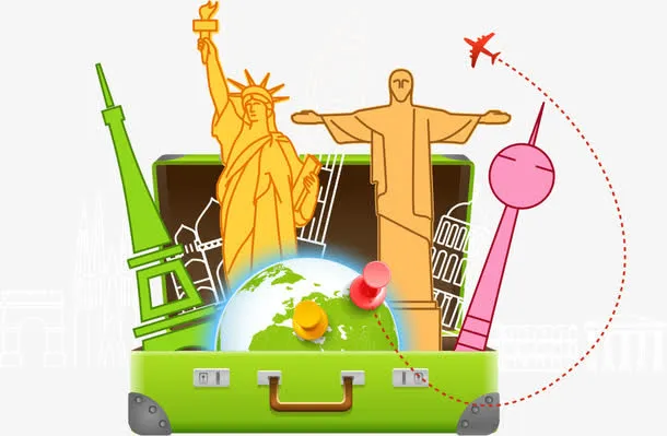 矢量绿色旅行箱上的自由女神免抠