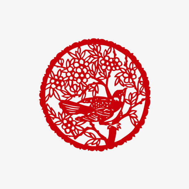 树枝上的鸟剪纸印花图案免抠