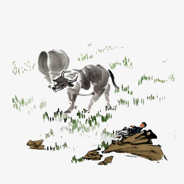 水墨山水放牛免抠