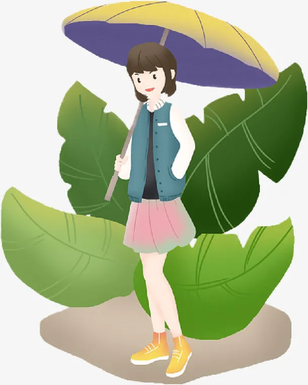 手绘女孩春天游完免抠