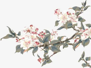 手绘绿叶粉色花朵免抠