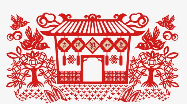新春红色乡村剪纸png图免抠