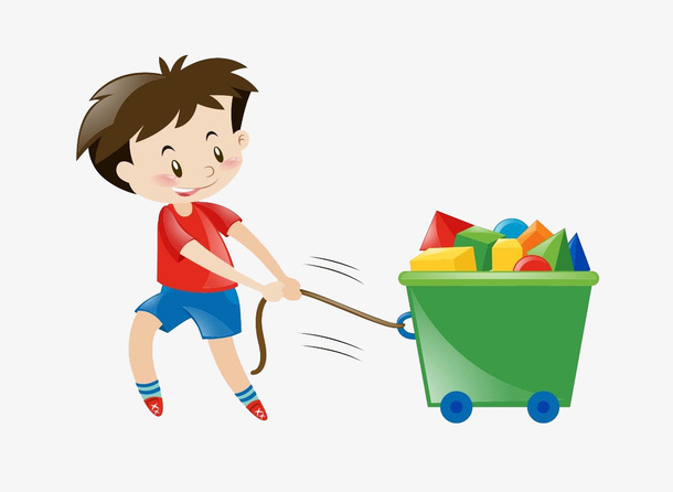 手绘拉车的男孩免抠图免抠