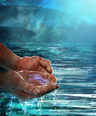 双手捧水油画免抠