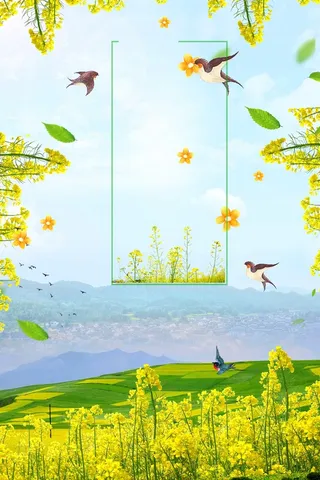 小清新春天你好油菜花风景插画高清