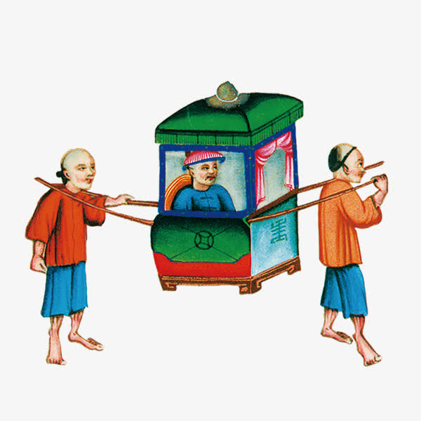 中国风手绘抬轿子的小人免抠