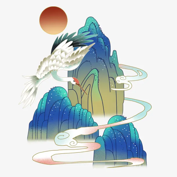 国朝仙鹤飞过青山免抠
