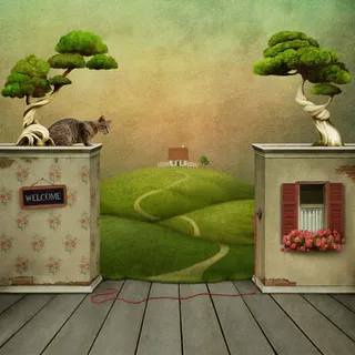 猫咪与卡通树风景免抠