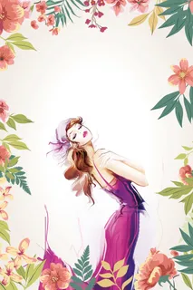 女生节米色手绘春季上新时尚少女花卉背景高清