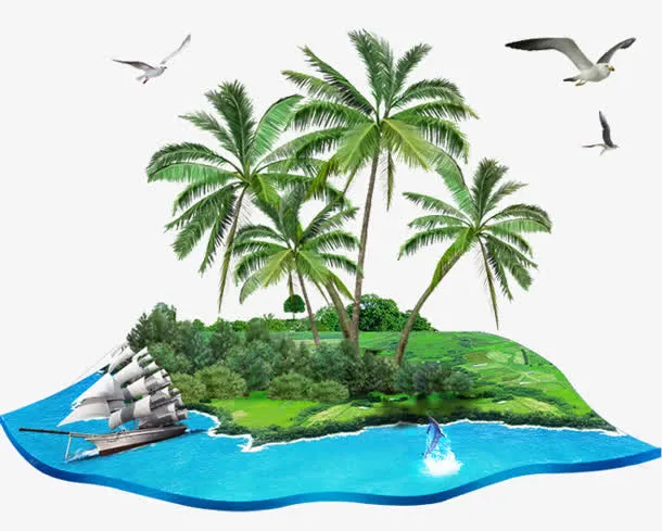 手绘夏季椰树海岛免抠