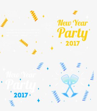 扁平彩带卷酒杯新年派对横幅免抠