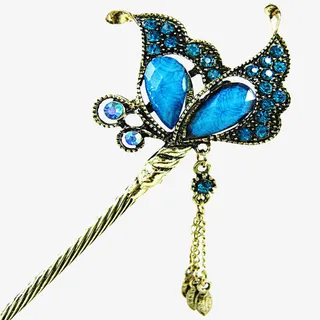 孔雀蓝镶钻式复古发钗免抠