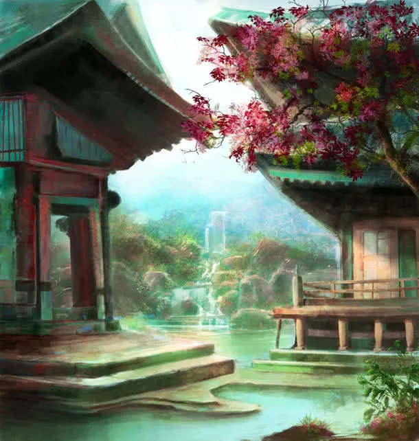中国风楼台凉亭海报背景