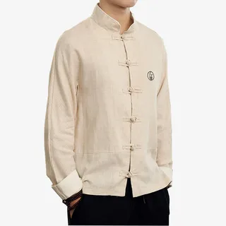 原创中国风亚麻长袖衬衫男立领盘扣刺绣衬衣免抠