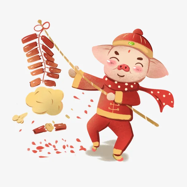 手绘卡通小猪打爆竹免抠