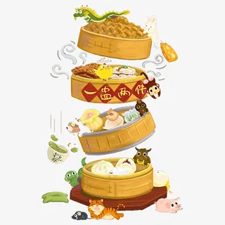 手绘可爱港式早茶免抠