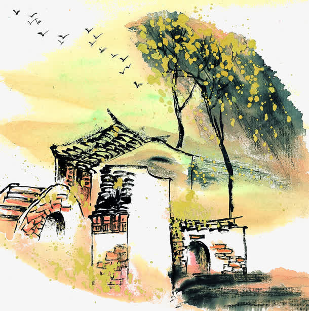 水彩墨房子免抠
