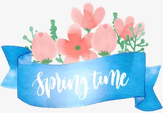 蓝色丝带鲜花促销标签免抠