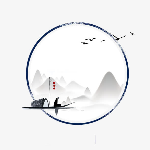 免抠中国风山水画船只装饰免抠
