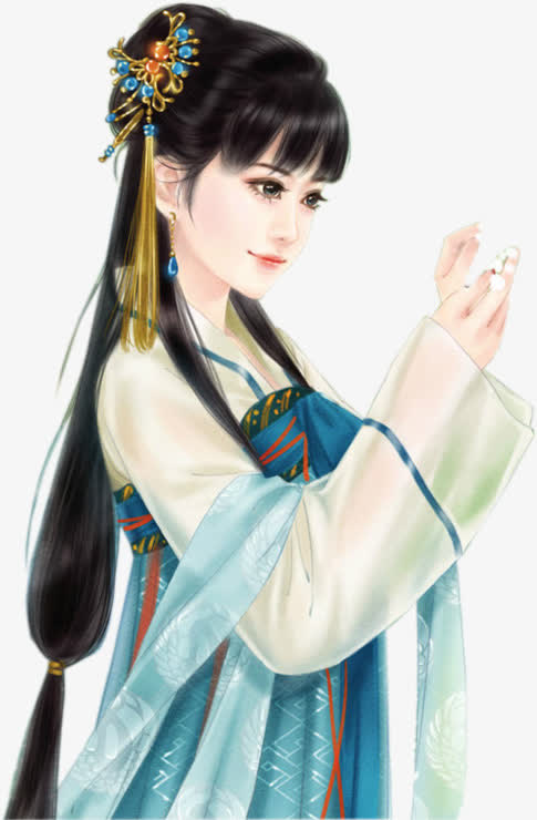 黑色长发 绣花美女免抠