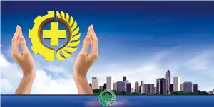 以海边建筑物为衬托的安全生产月背景高清