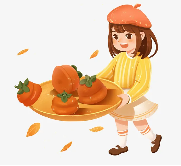 秋天节女孩摘柿子免抠