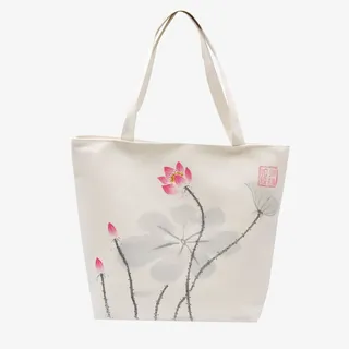 荷花白色帆布包免抠