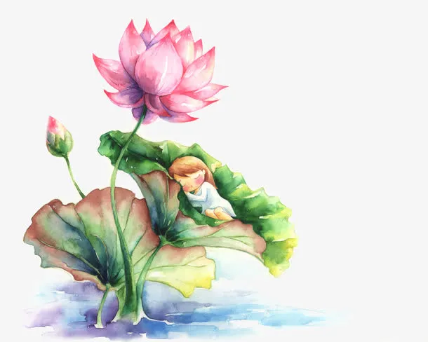 高清油画彩绘风格荷叶荷花免抠
