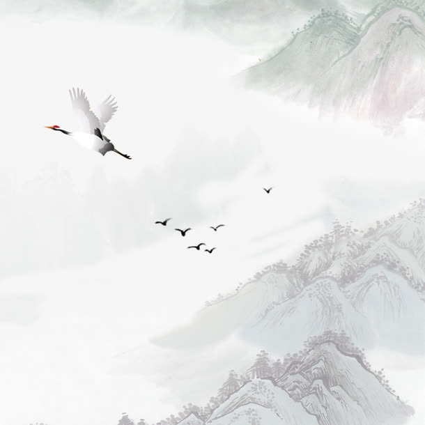 山水飞鸟泼墨水墨画免抠
