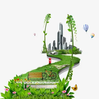 绿色花草道路房屋免抠素材免抠