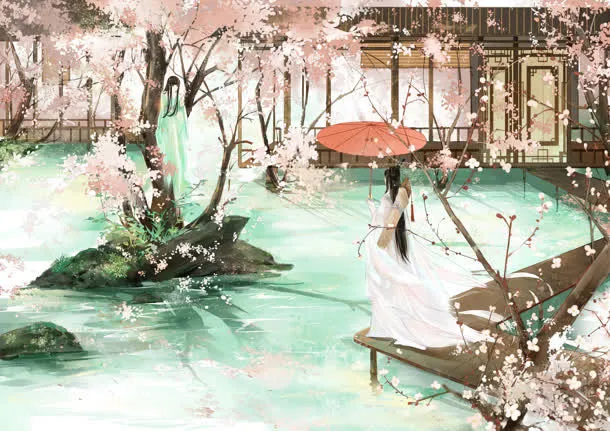 中国风唯美水边庭院男子海报背景