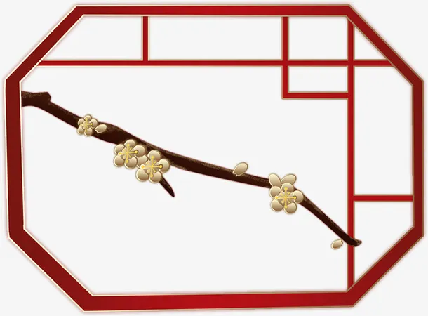 梅花金色红色边框手绘免抠