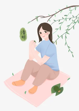 女孩柳树下吃青团免抠
