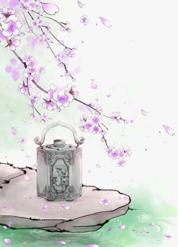 绿色清新桃花茶壶边框纹理免抠