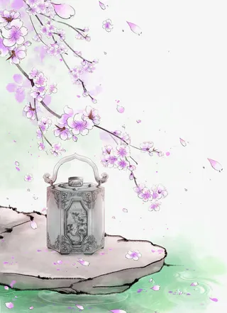 绿色清新桃花茶壶边框纹理免抠