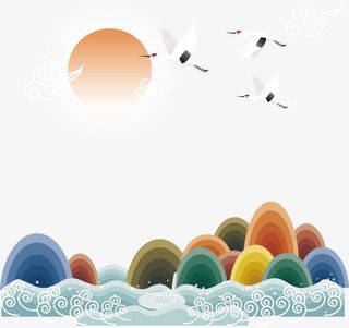 传统装饰插图祥云与山脉免抠